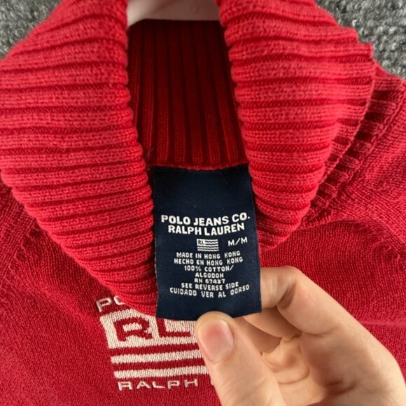 Ralph Lauren Polo Jeans Medium Red Knit Turtleneck Women Flag Sweater USA Logo - Picture 10 of 14
